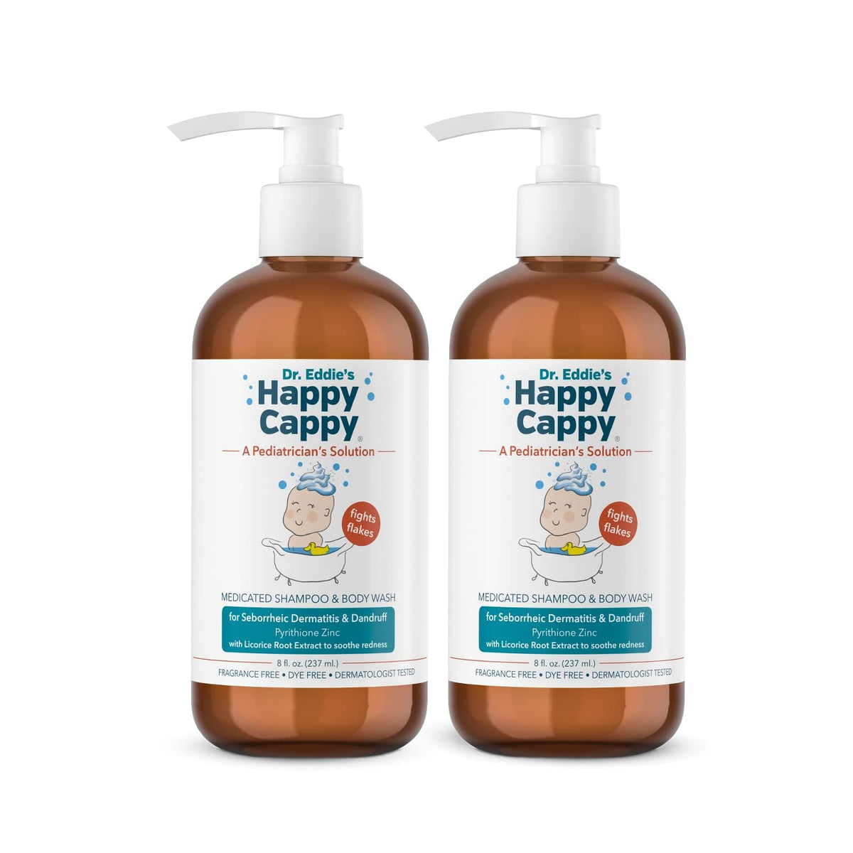 Happy Cappy medicated shampoo bottle front, fragrance-free for sensitive skin.