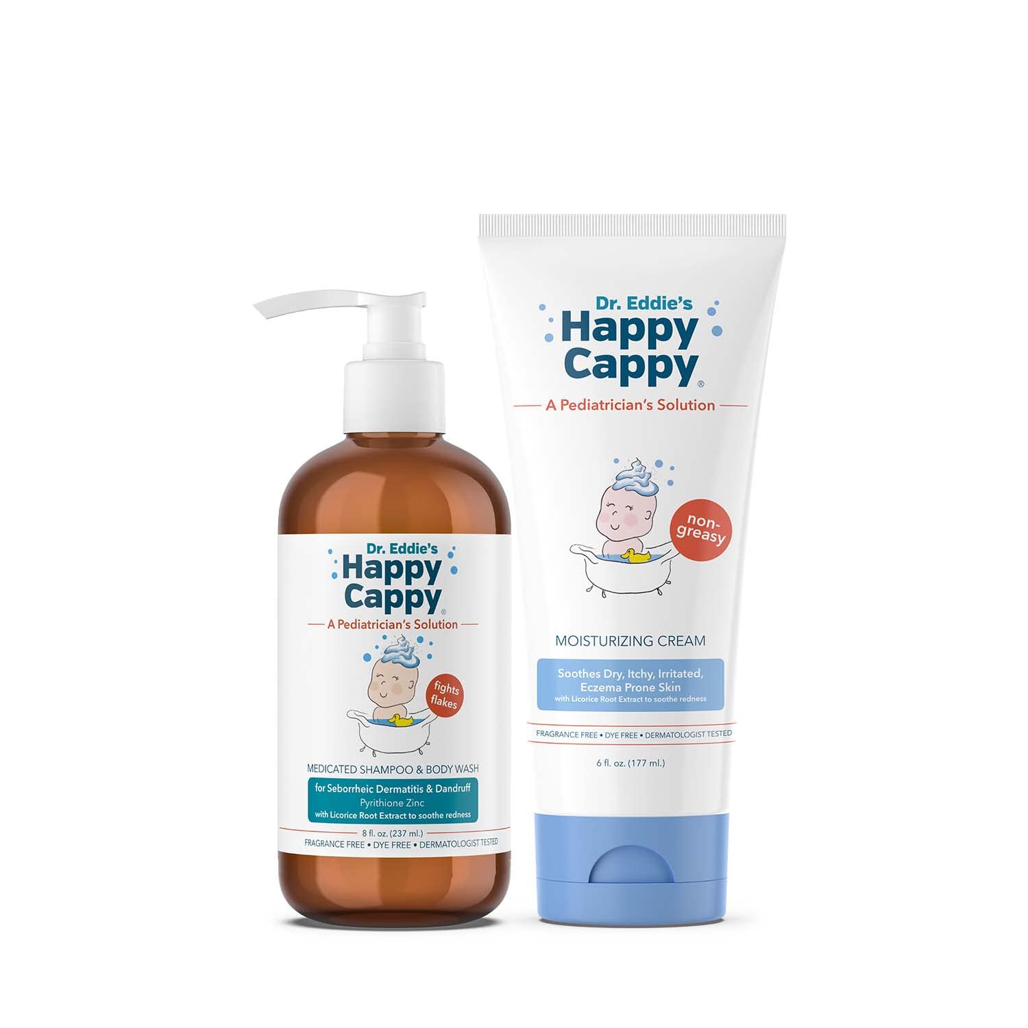 Happy Cappy medicated shampoo bottle helps calm cradle cap symptoms and reduce redness for kids.