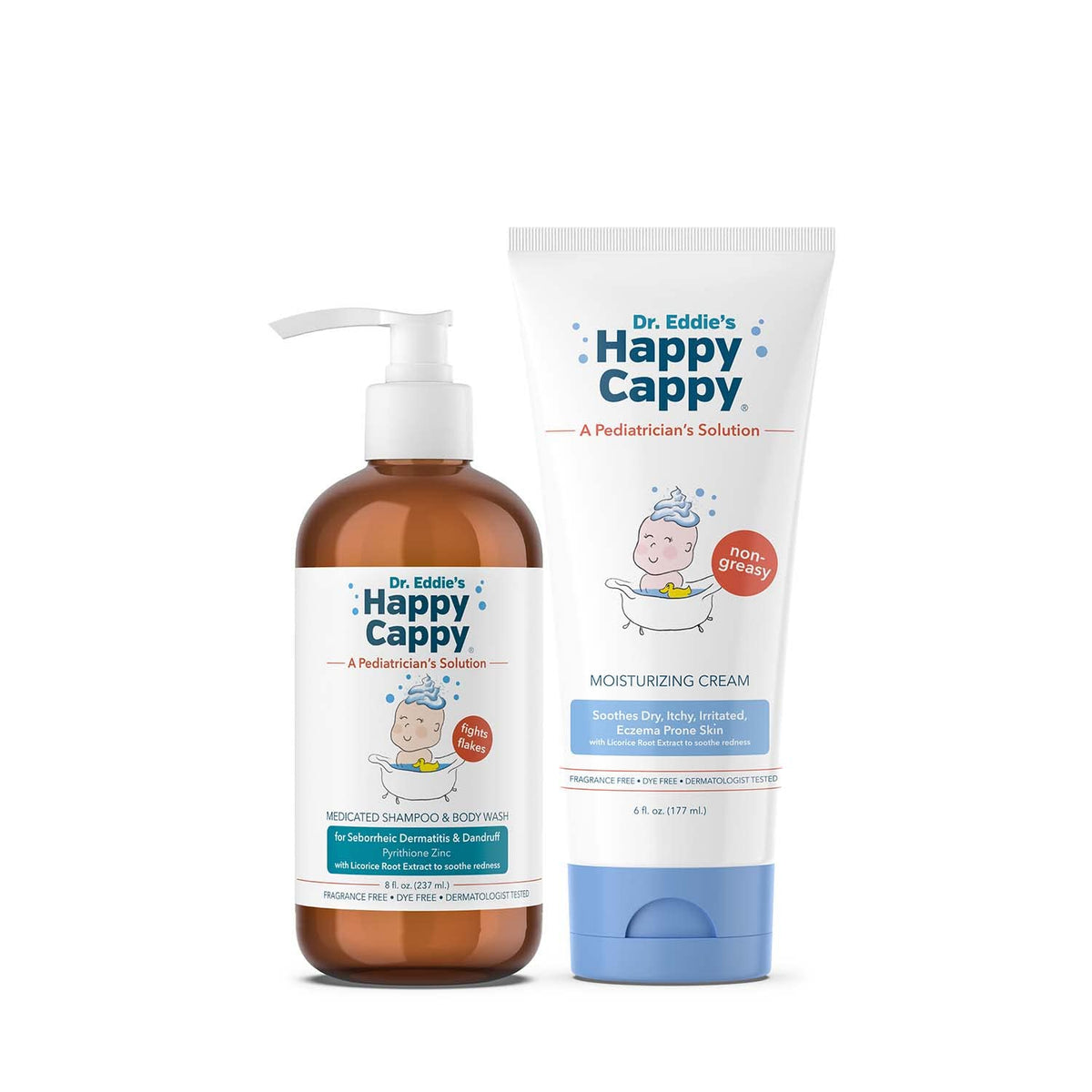 Happy Cappy medicated shampoo bottle helps calm cradle cap symptoms and reduce redness for kids.