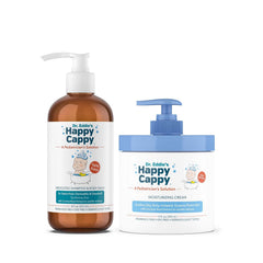 Happy Cappy medicated shampoo bottle showing gentle dandruff relief and cradle cap support
