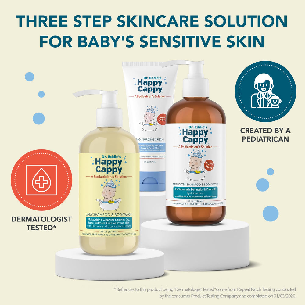 Happy Cappy medicated shampoo for hair, face, and body—cradle cap friendly.