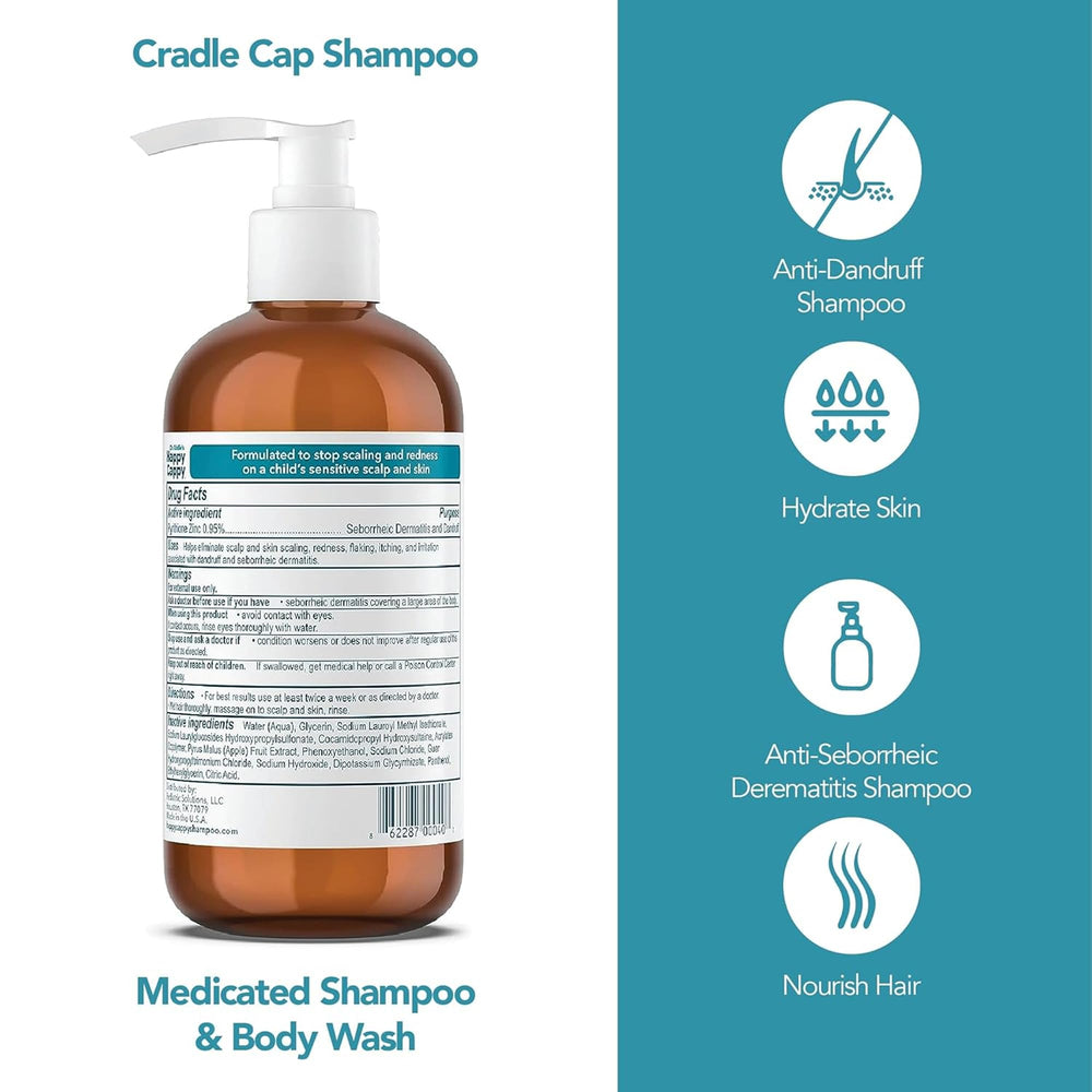 Happy Cappy Medicated Shampoo label shows fragrance-free formula