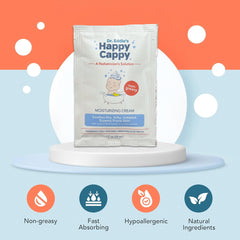 Happy Cappy Moisturizing Cream baby application closeup showing quick, non-greasy absorption.