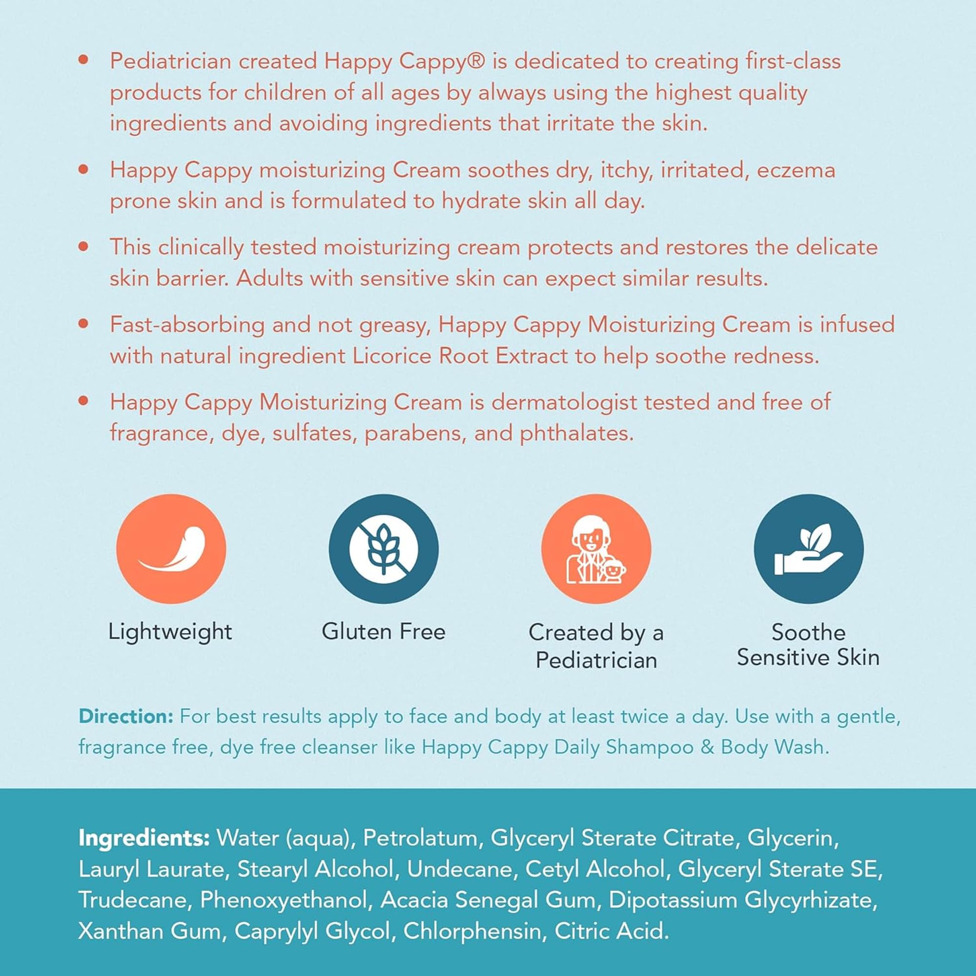 Happy Cappy Moisturizing Cream fragrance-free label suitable for sensitive skin.
