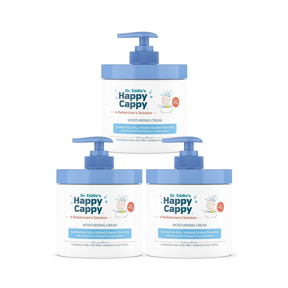 Happy Cappy moisturizing cream jar closeup, fragrance-free formula for sensitive skin.