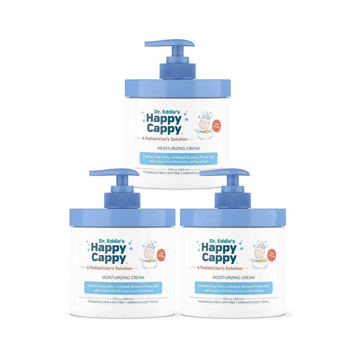 Happy Cappy moisturizing cream jar closeup, fragrance-free formula for sensitive skin.