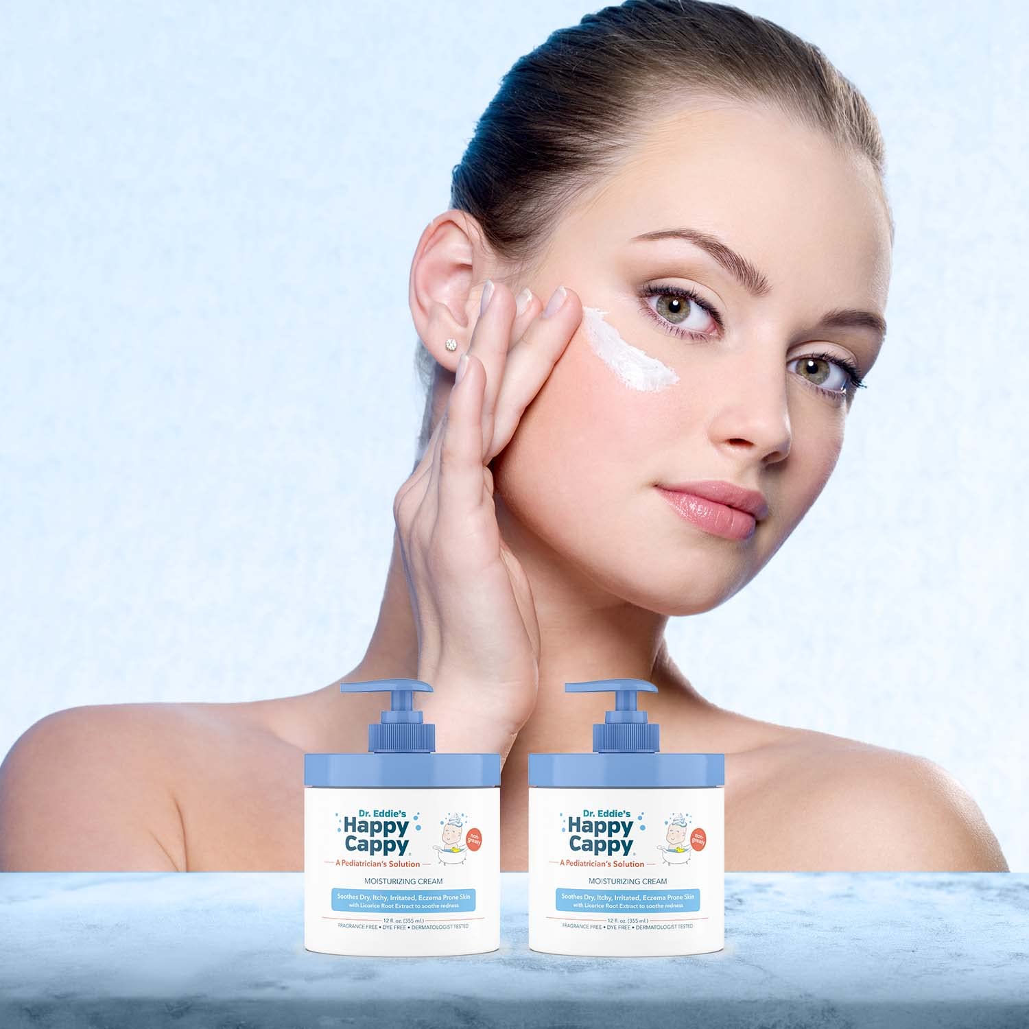 Happy Cappy pack of 3 box display promoting pediatrician-formulated skincare.