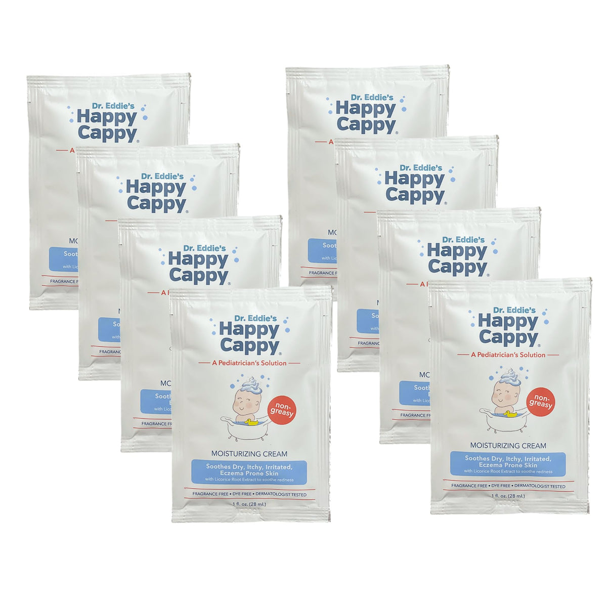 Happy Cappy Moisturizing Cream travel sachets pack for on-the-go hydration.