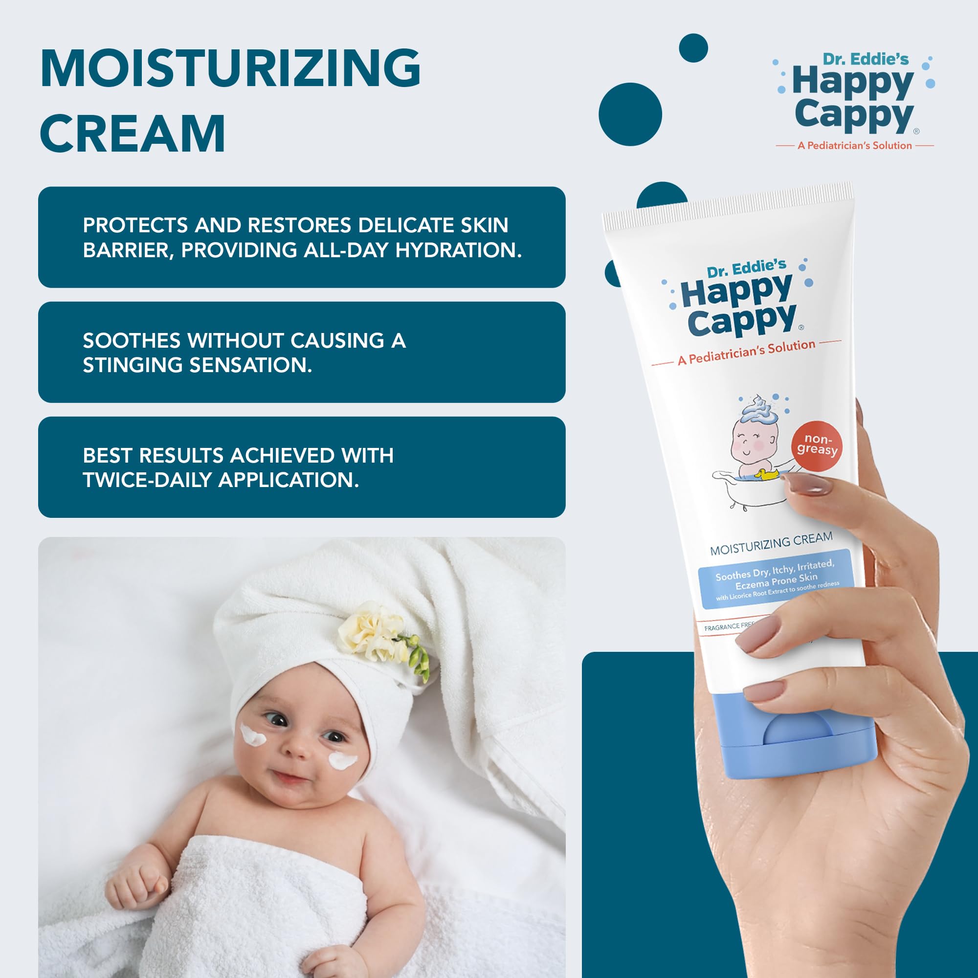 Happy Cappy pediatrician-designed label emphasizes trusted skincare for children of all ages.