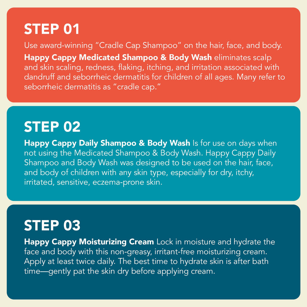 Happy Cappy Step 2 daily shampoo and body wash—soothing eczema-prone skin.