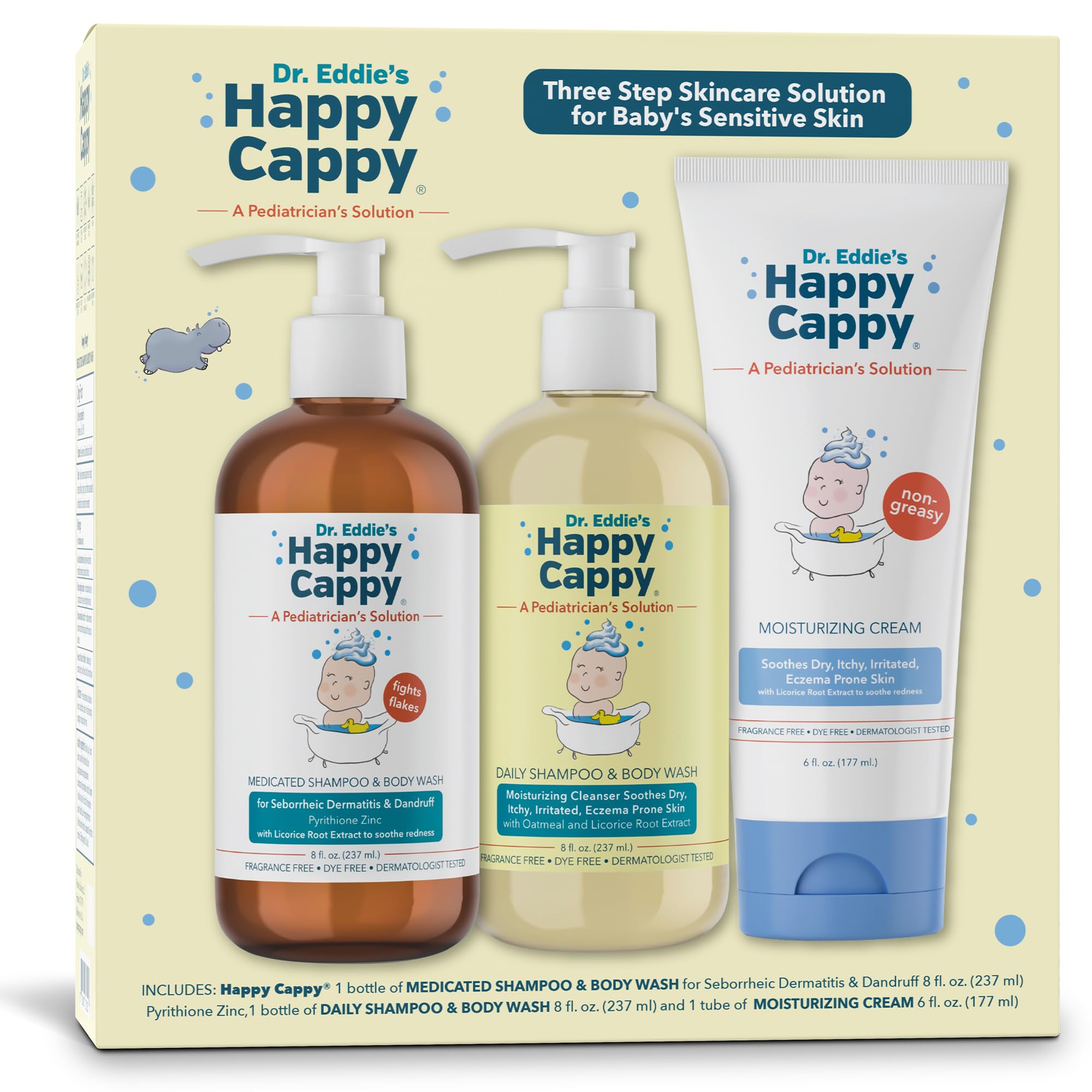 Happy Cappy three-step shampoo bottle closeup, fragrance-free for sensitive, irritated skin.
