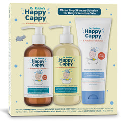 Happy Cappy three-step shampoo bottle closeup, fragrance-free for sensitive, irritated skin.