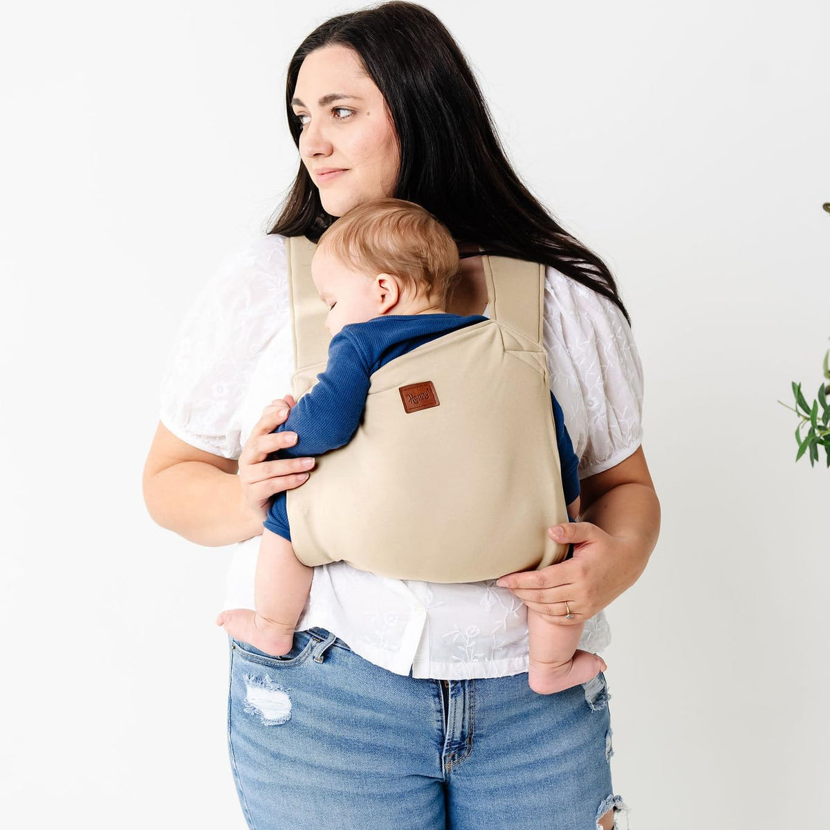 Happy Haven baby carrier in Birch color showing ergonomic support for extended wear.