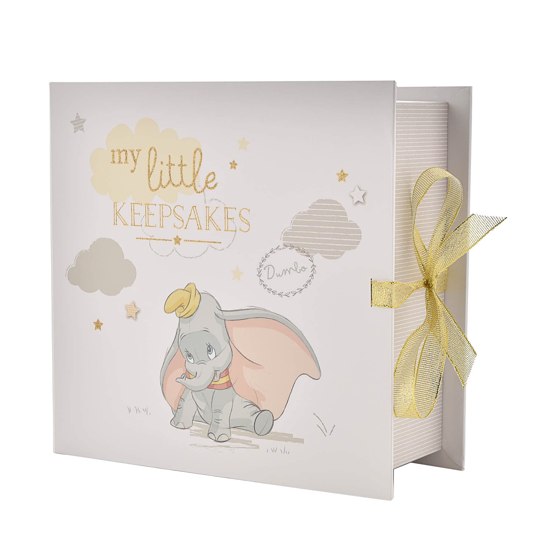Happy Homewares Magical Beginnings Dumbo cover illustration with glitter lettering for baby memories