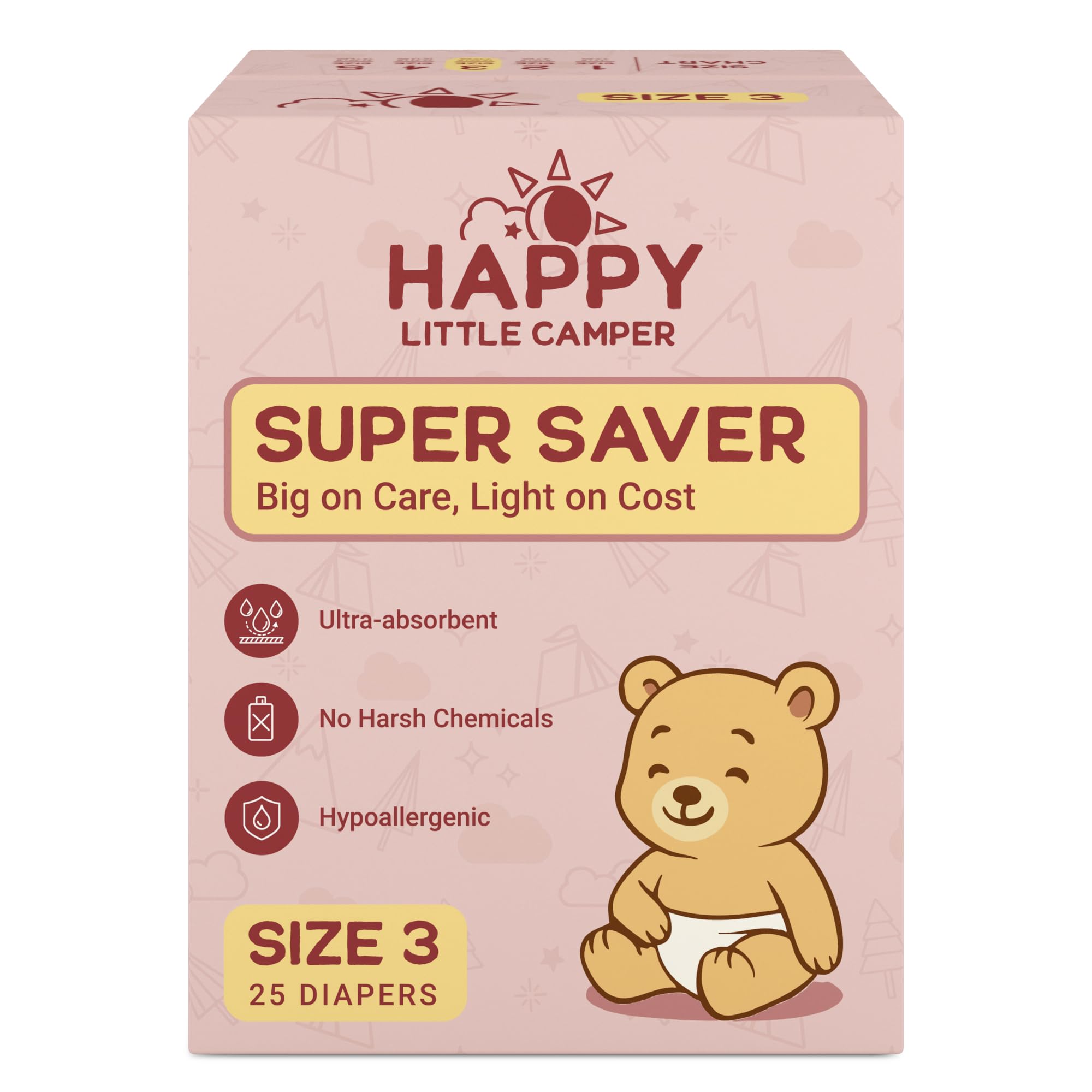 Happy Little Camper Super Saver Diapers pack front highlights affordable, reliable everyday care