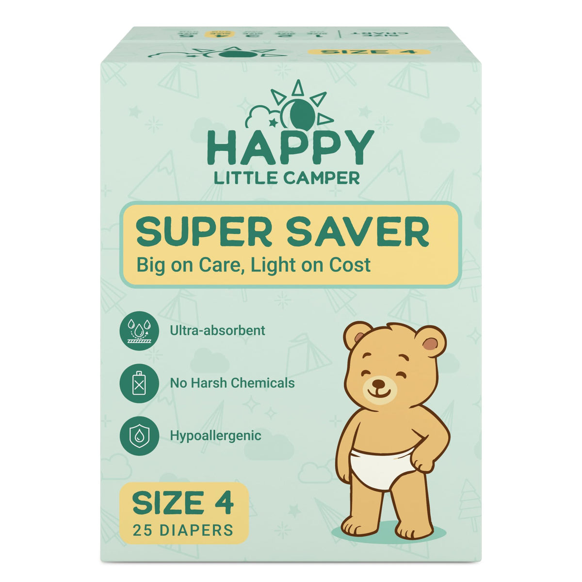 Happy Little Camper super saver diapers pack shot showing budget-friendly protection for everyday use