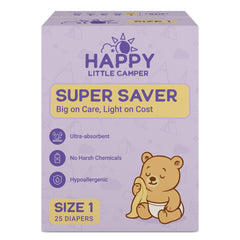 Happy Little Camper Super Saver Diapers Size 1 packaging shows budget-friendly daily care