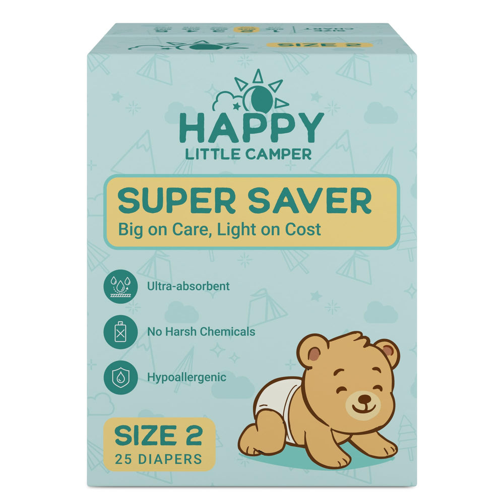 Happy Little Camper Super Saver Diapers Size 2 package front shows budget-friendly, high-quality care.