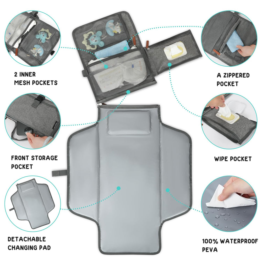 Happy Nest changing pad with wipes pocket showing easy access during outings