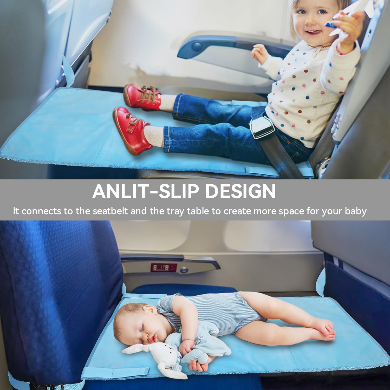 Happy Nest toddler airplane bed in use on a plane for cozy comfort.