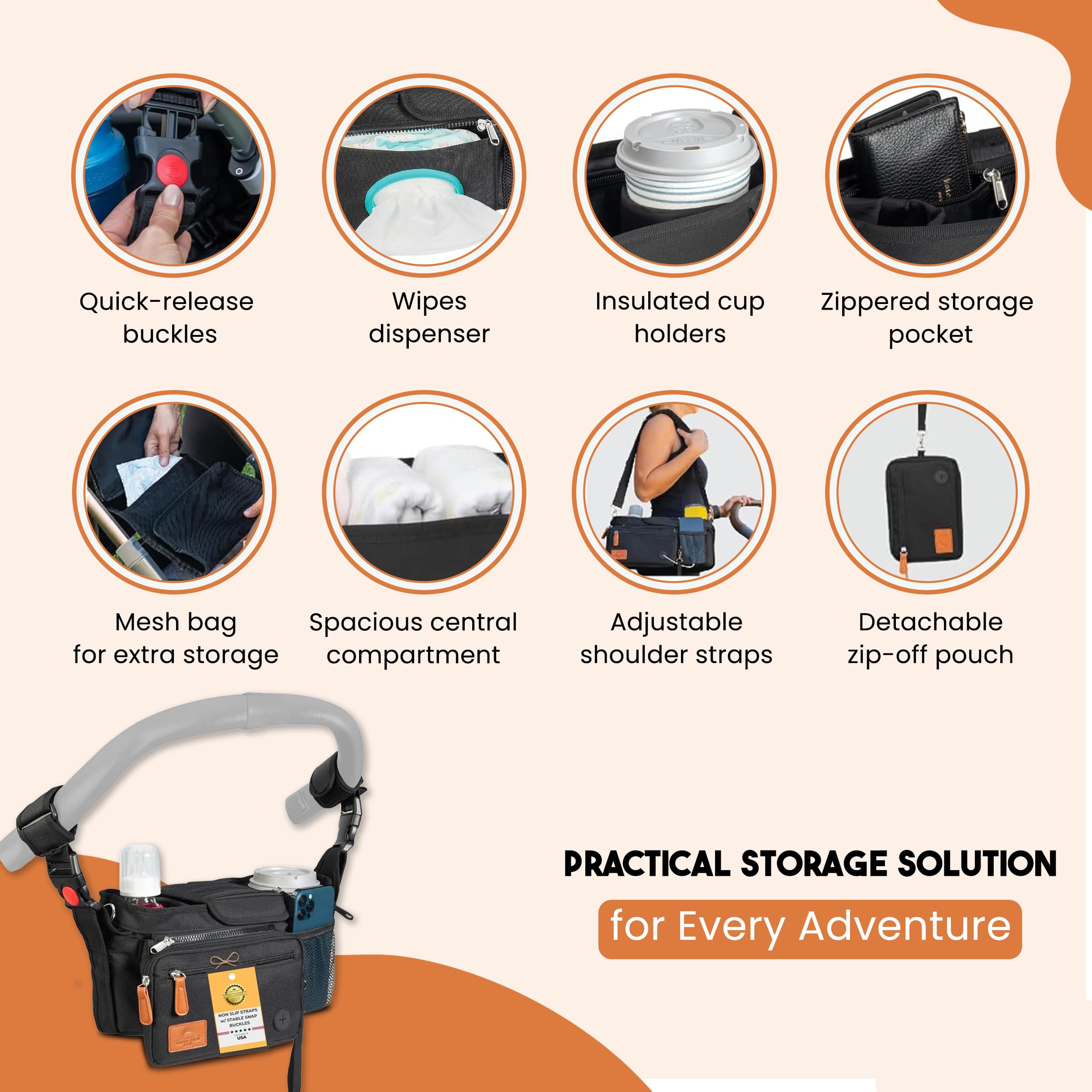 Happy Path & Co stroller organizer with multiple compartments keeps wipes, bottles, and keys organized.