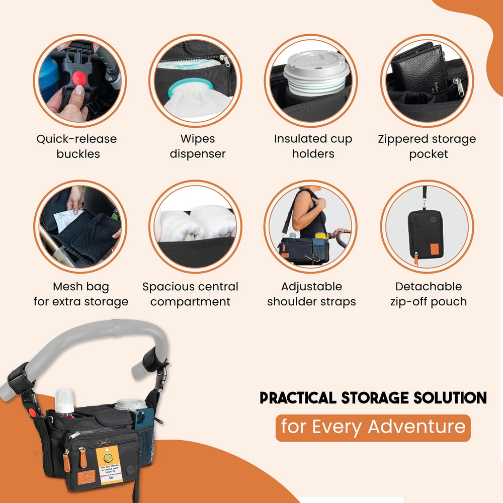 Happy Path & Co stroller organizer with multiple compartments keeps wipes, bottles, and keys organized.