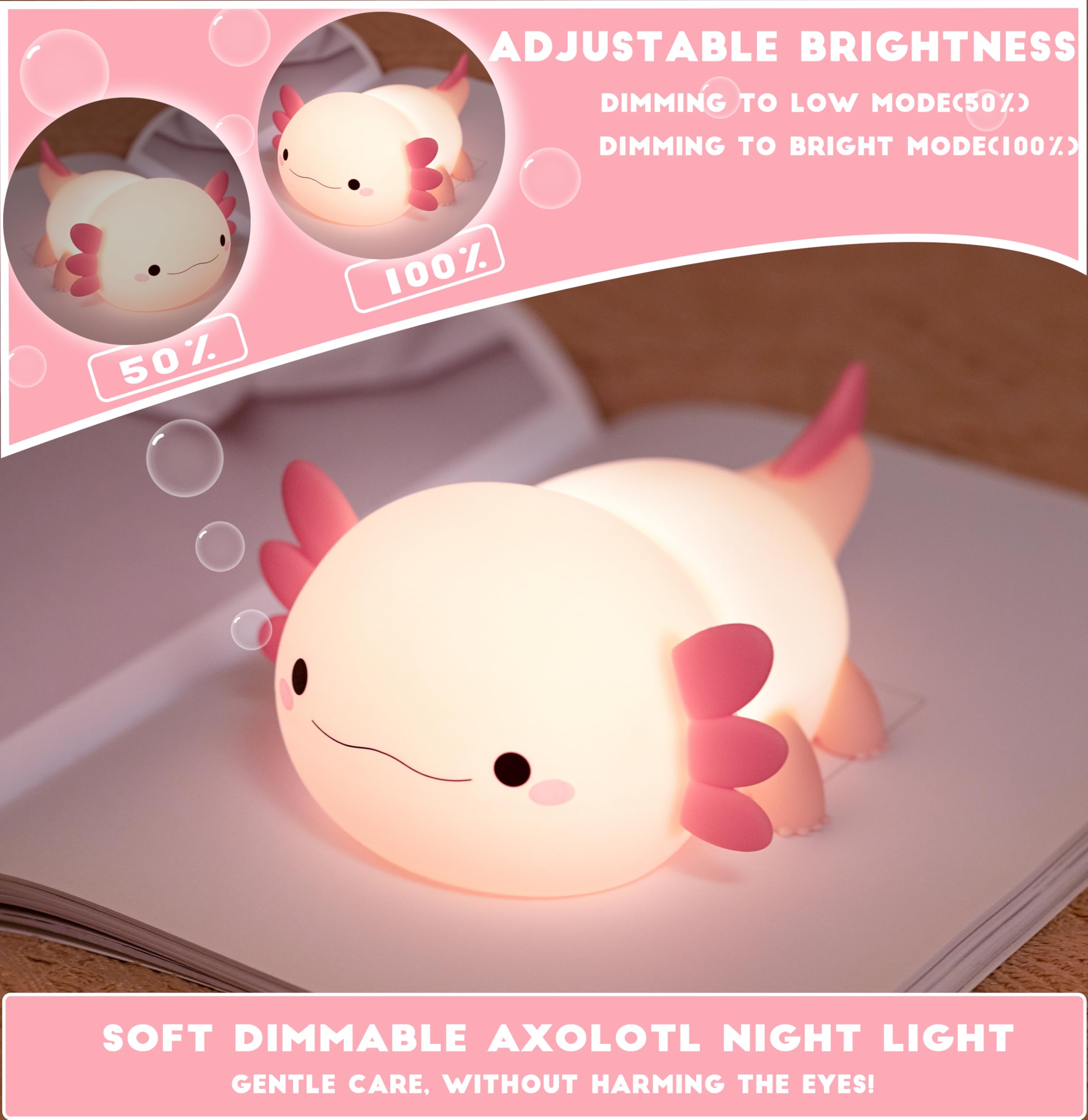 HAPPYBAG Axolotl Night Light USB rechargeable for travel and camping