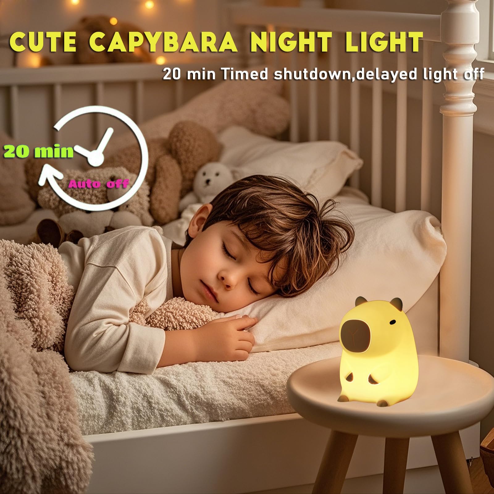 HappyBag Capybara Night Light silicone texture for safe, cuddle-friendly lighting.