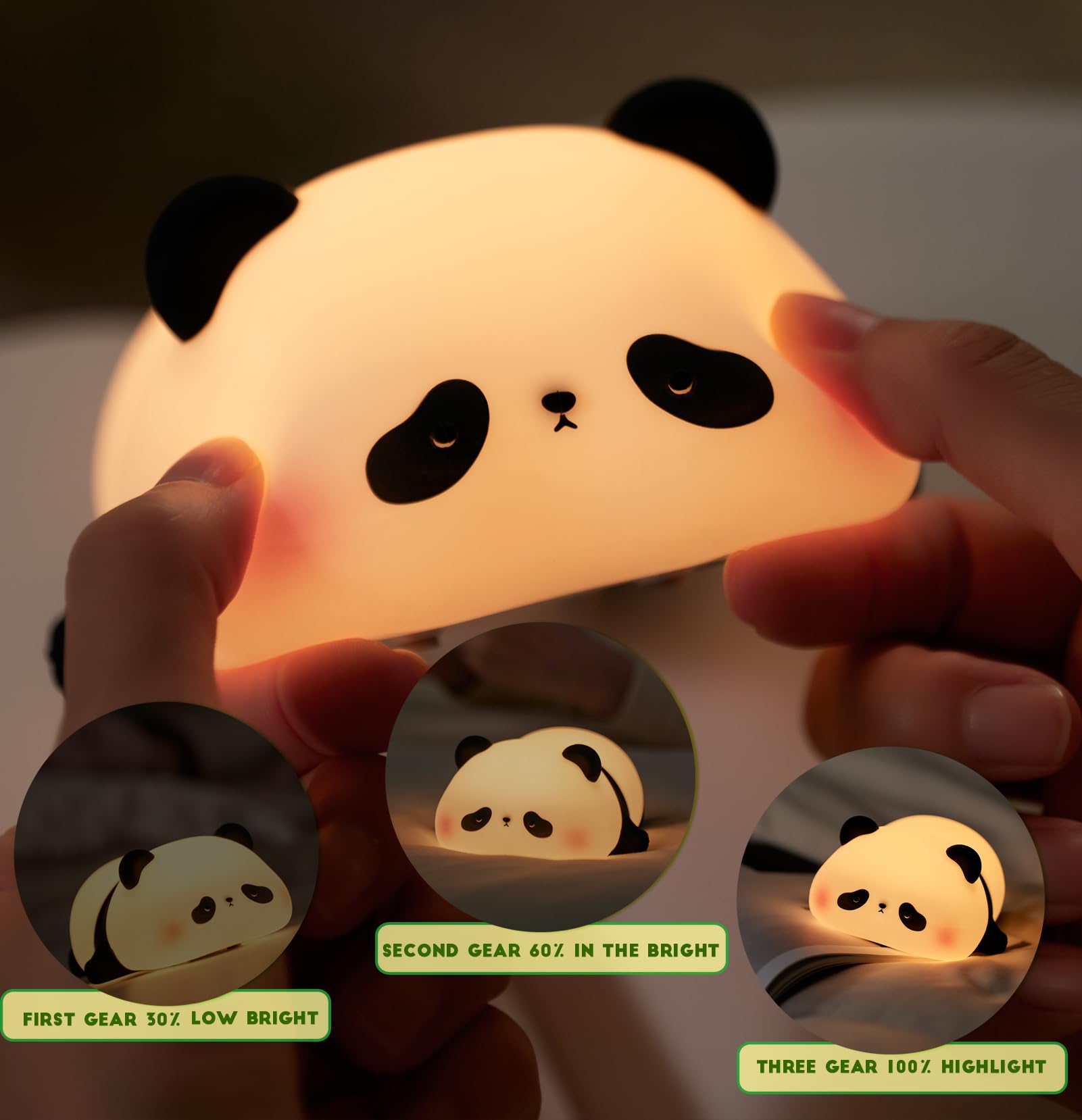 HAPPYBAG Panda Night Light on bedside setup, shows soft nighttime reading illumination.