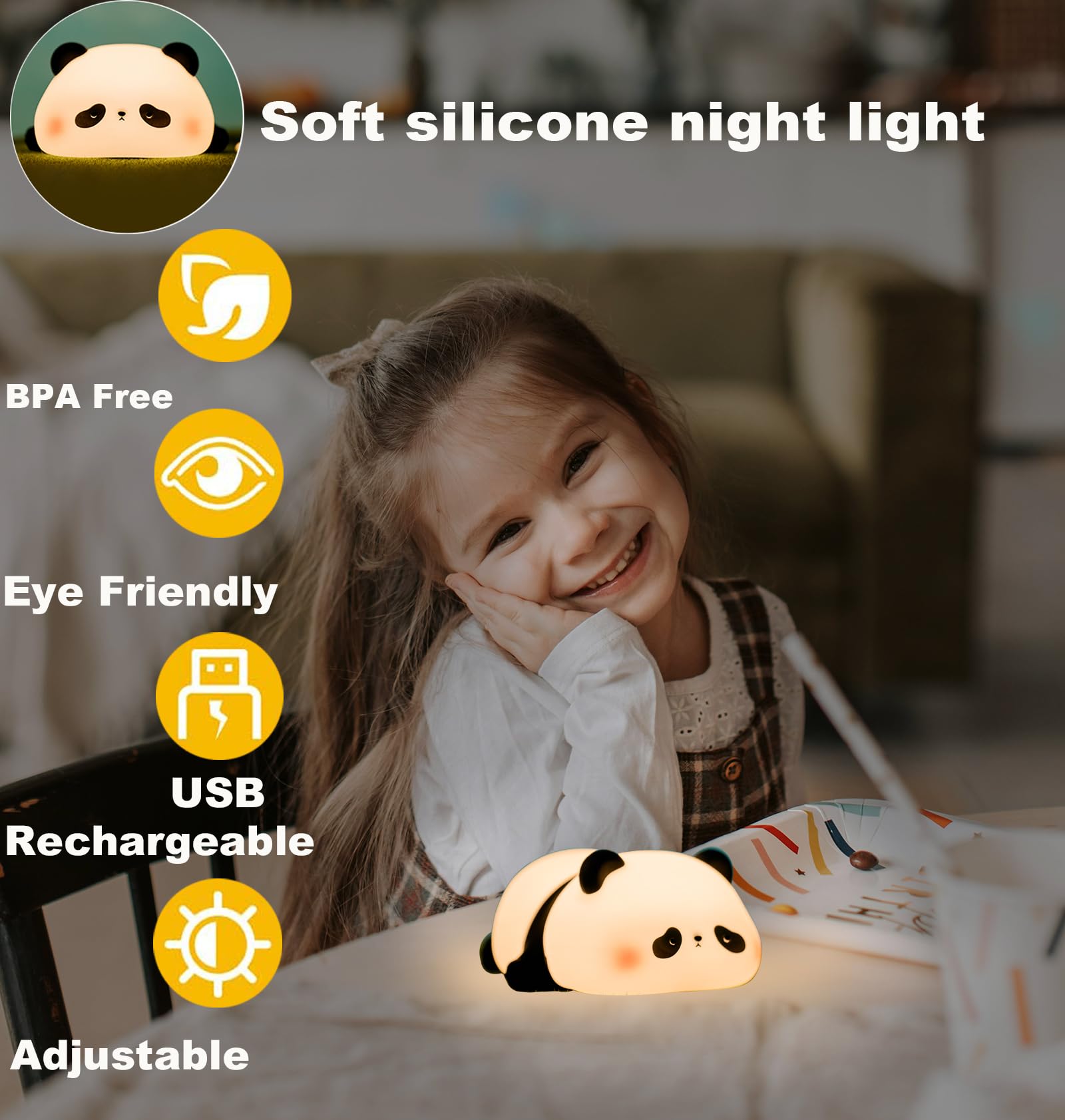 HAPPYBAG Panda Night Light with dimmable brightness for sleep-friendly ambiance.