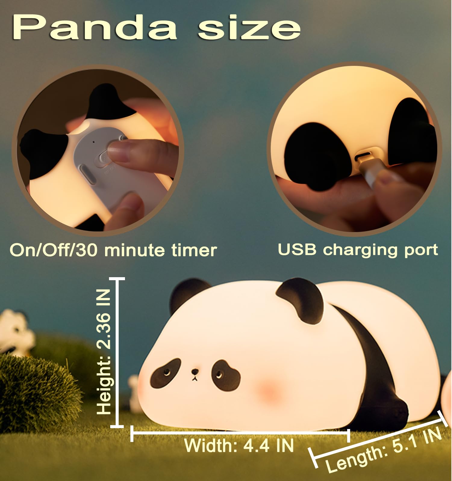 HAPPYBAG Panda Night Light charging via USB for convenient cordless power.