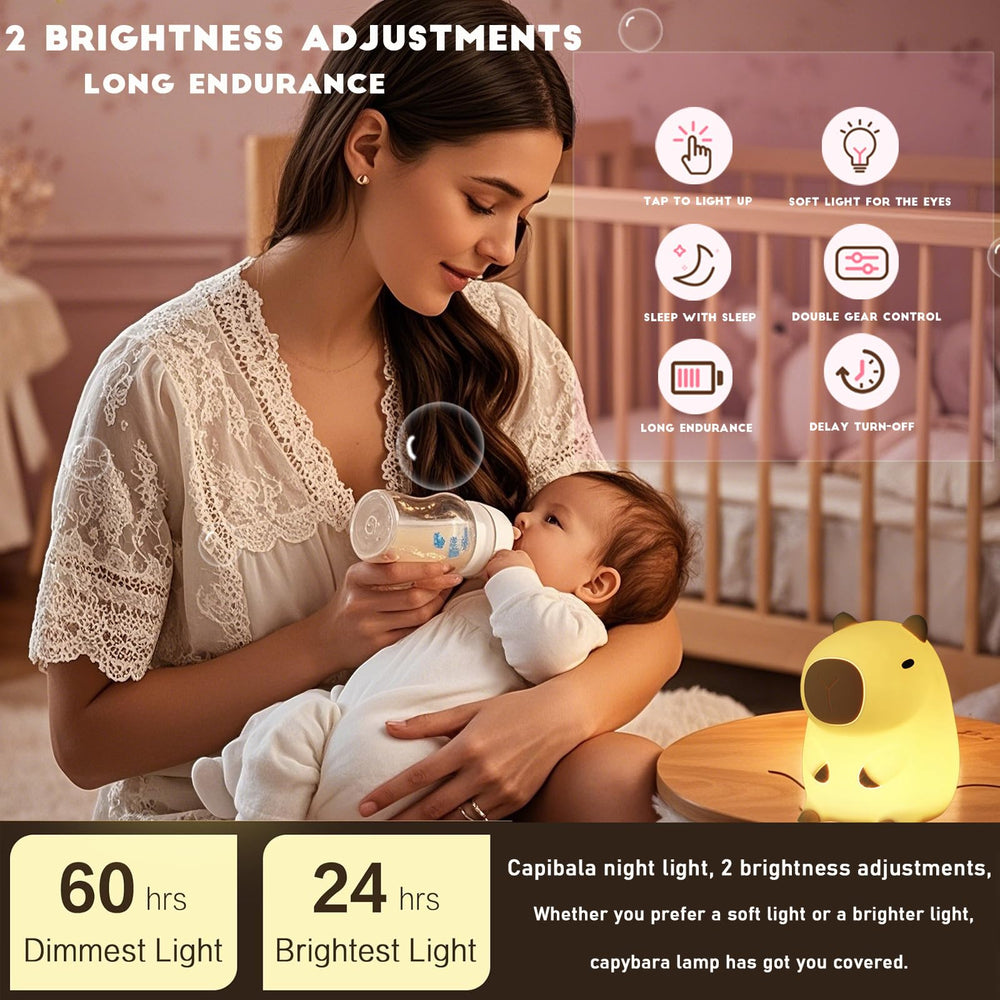 HappyBag Rechargeable Capybara Night Light with USB charging for overnight use.