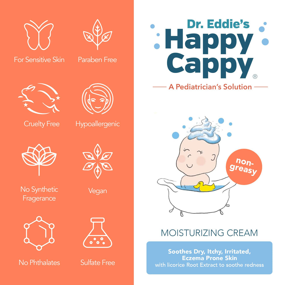 Happy Cappy Moisturizing Cream packaging display emphasizing safe formula