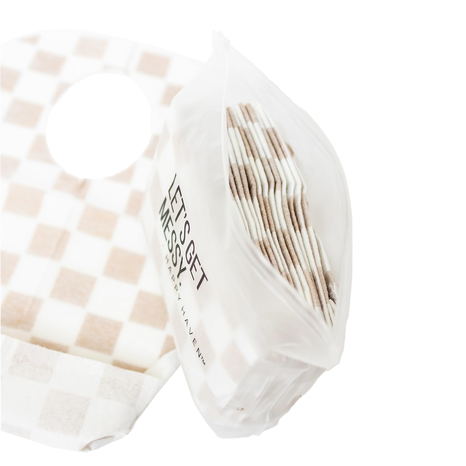 Happy Haven flex-fit baby bib close-up shows soft materials for comfortable meals.