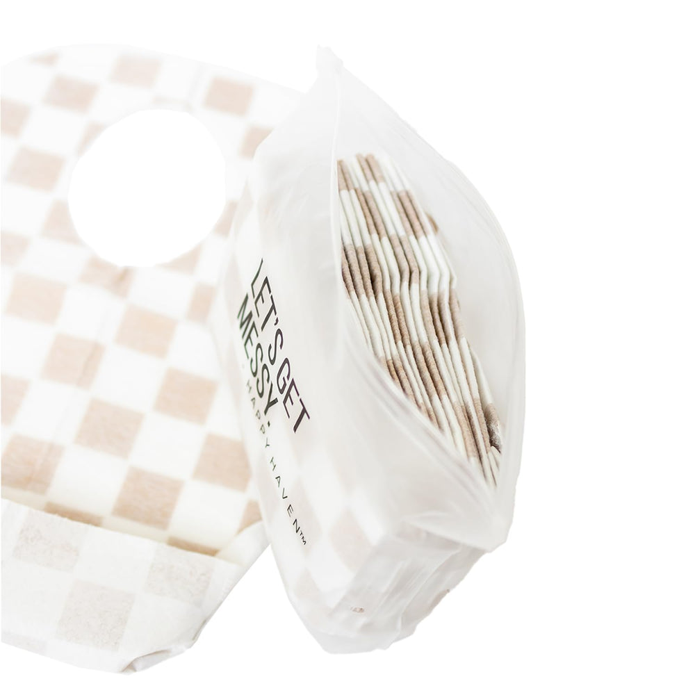 Happy Haven flex-fit baby bib close-up shows soft materials for comfortable meals.