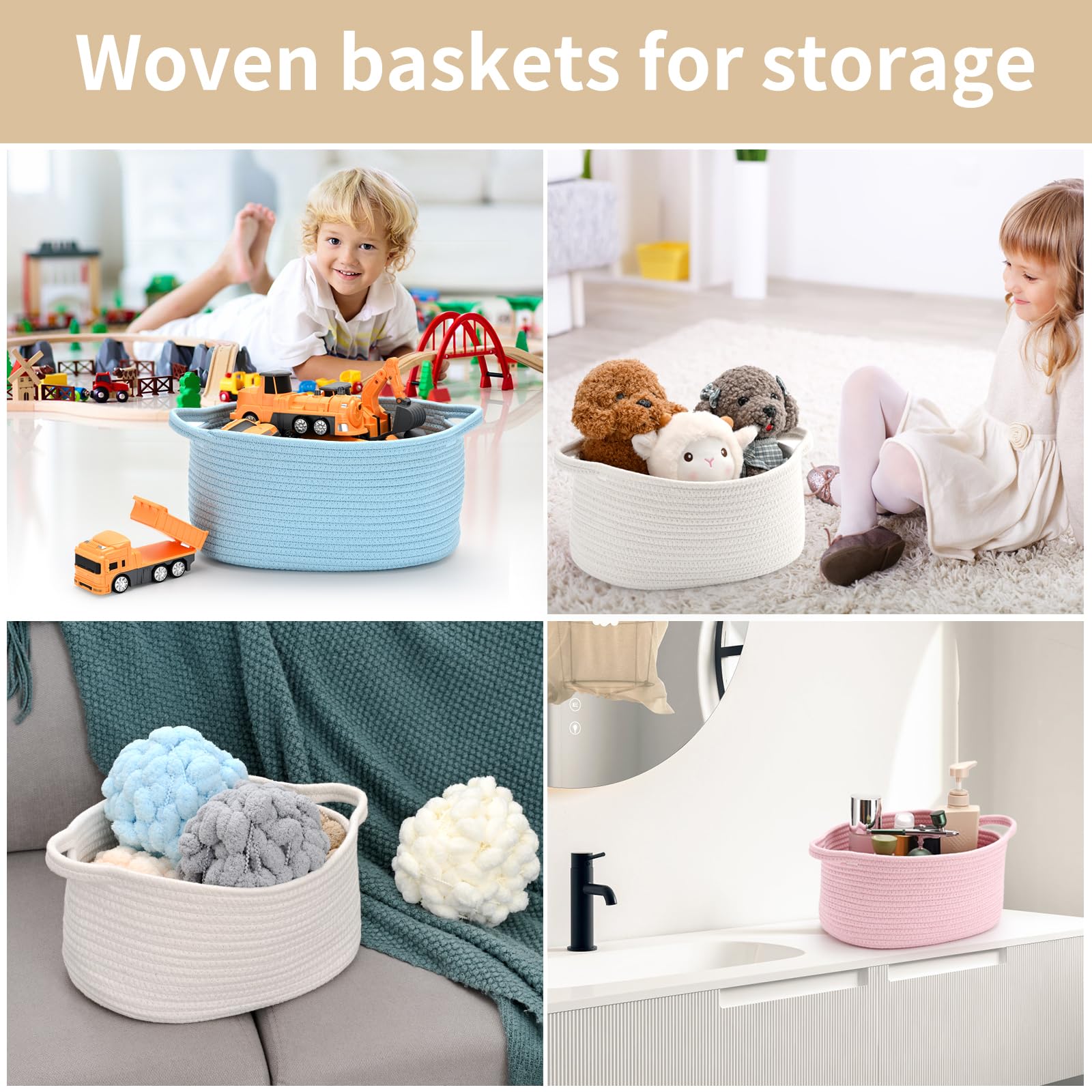 Happyiren Cute Woven Gift Basket beige reinforced handles for heavy-duty portability.