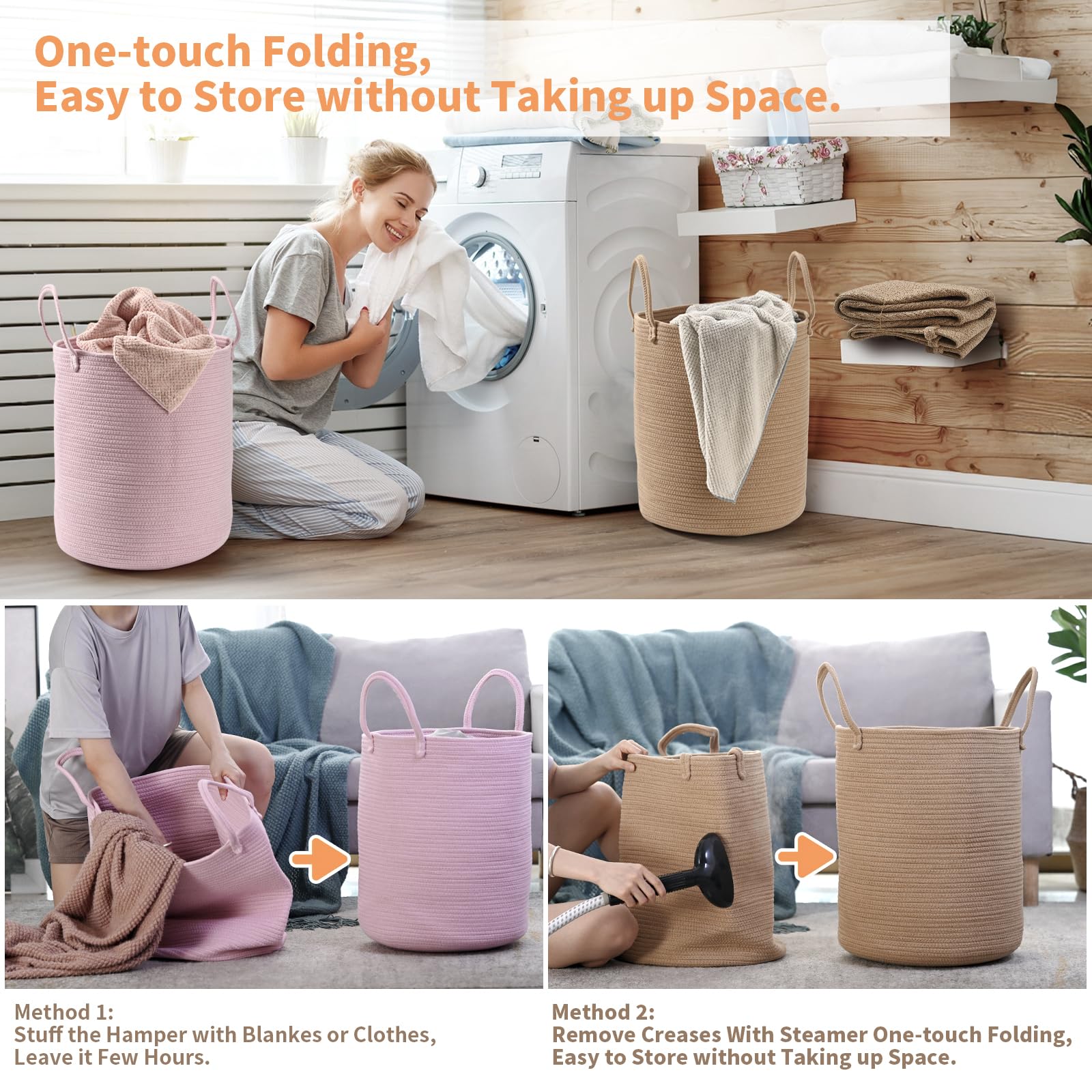 Happyiren tidy room setup using pink and beige baskets.