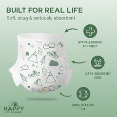 Happy Little Camper diapers feature an ultra-absorbent core for daytime dryness.