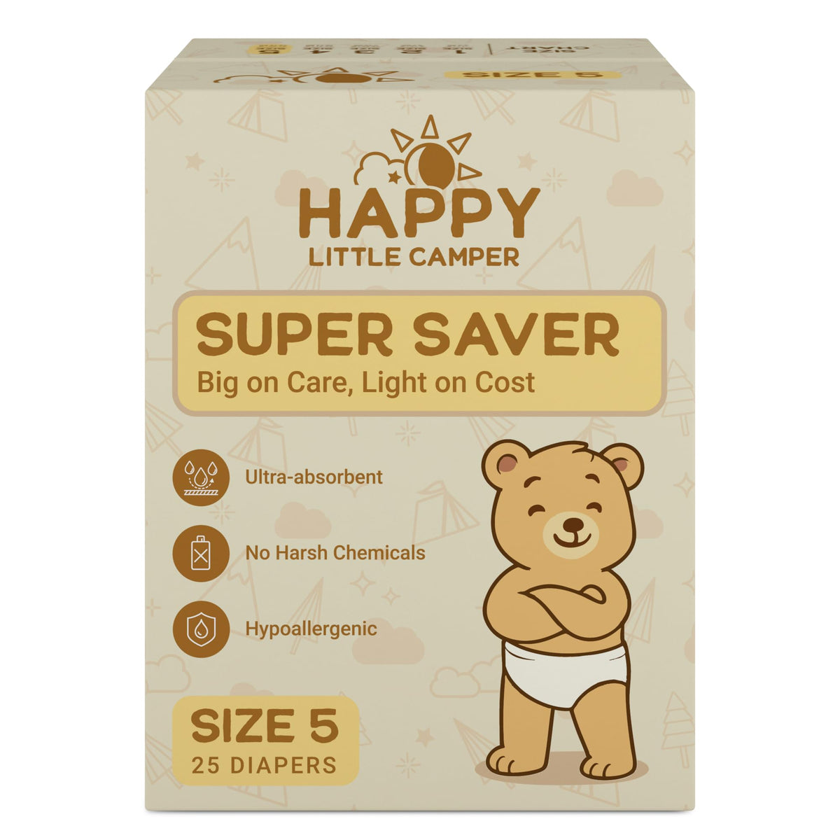 Happy Little Camper Super Saver Diapers Size 5 pack provides affordable baby protection.