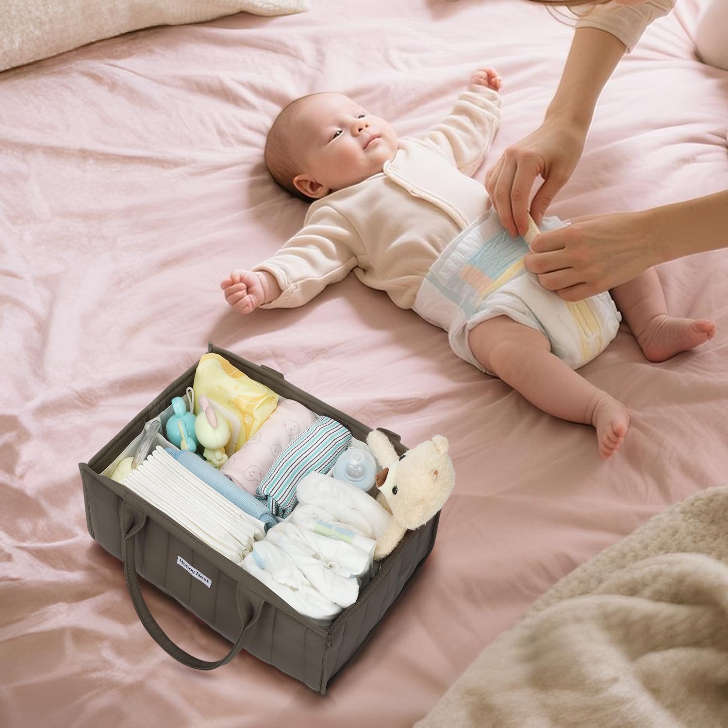 HAPPY NEST diaper caddy in blush color adds nursery style