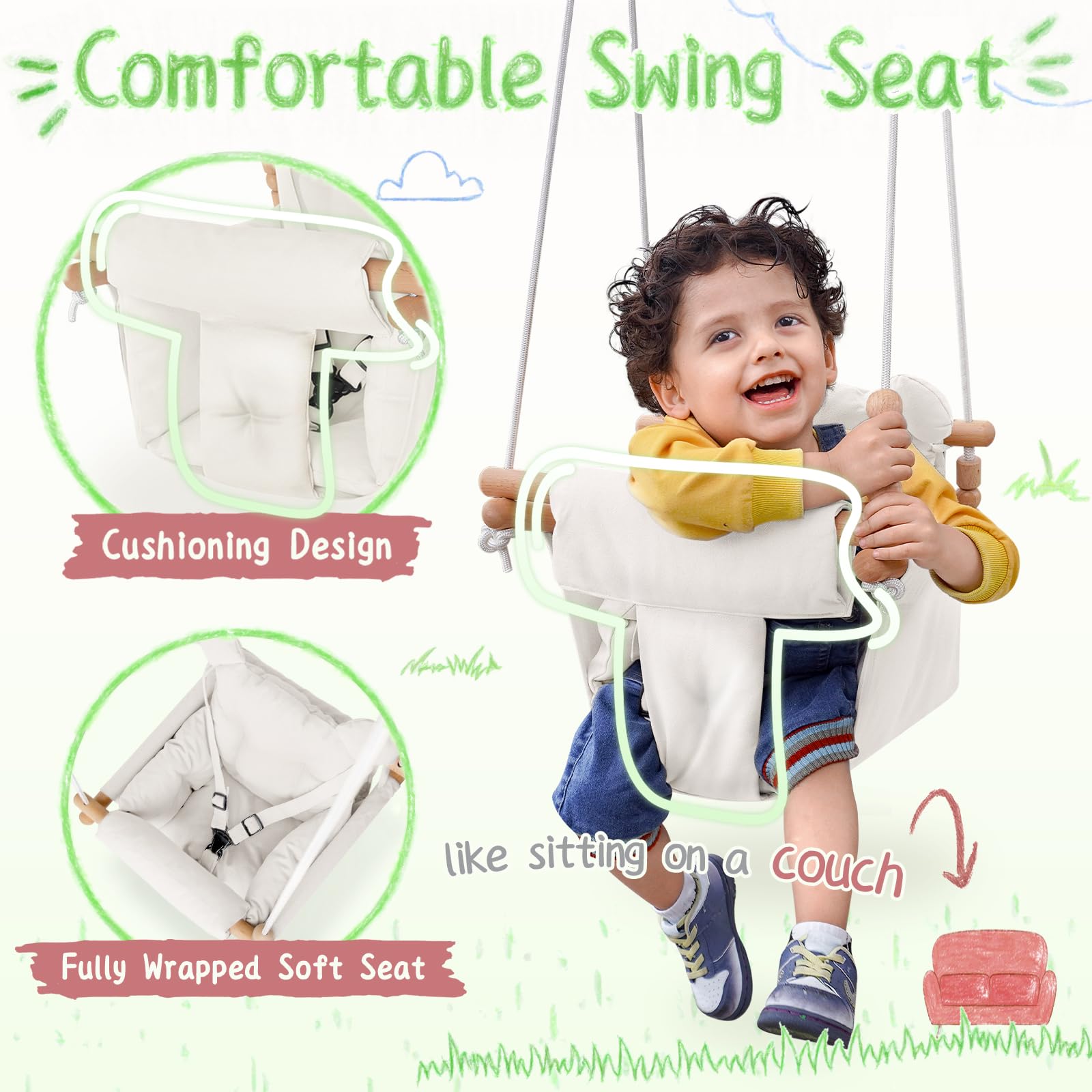 HAPPY PIE BABY SWING 3-point harness ensures secure, adjustable support during play.
