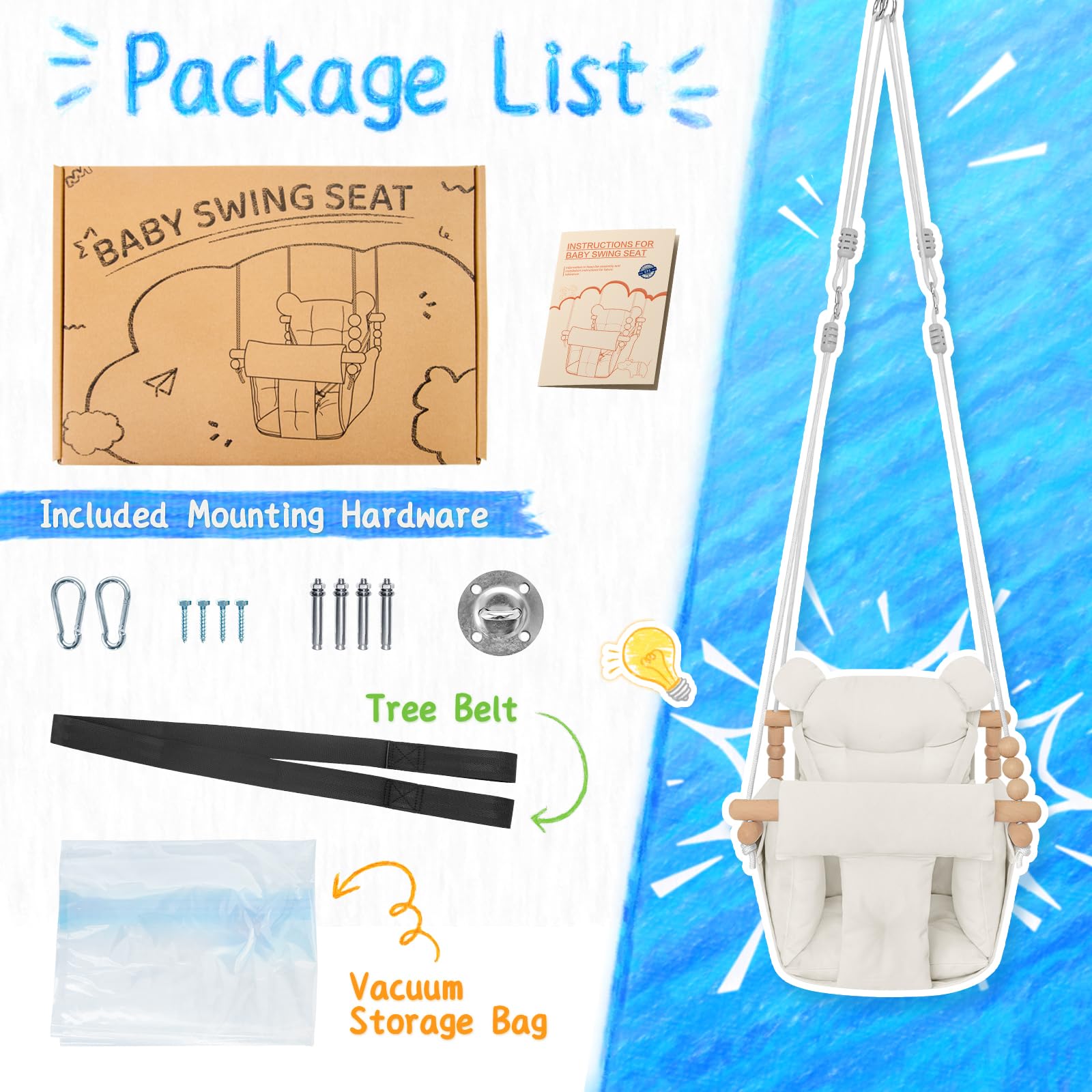 HAPPY PIE BABY SWING 360-degree cushioned surround enhances comfort during swings.