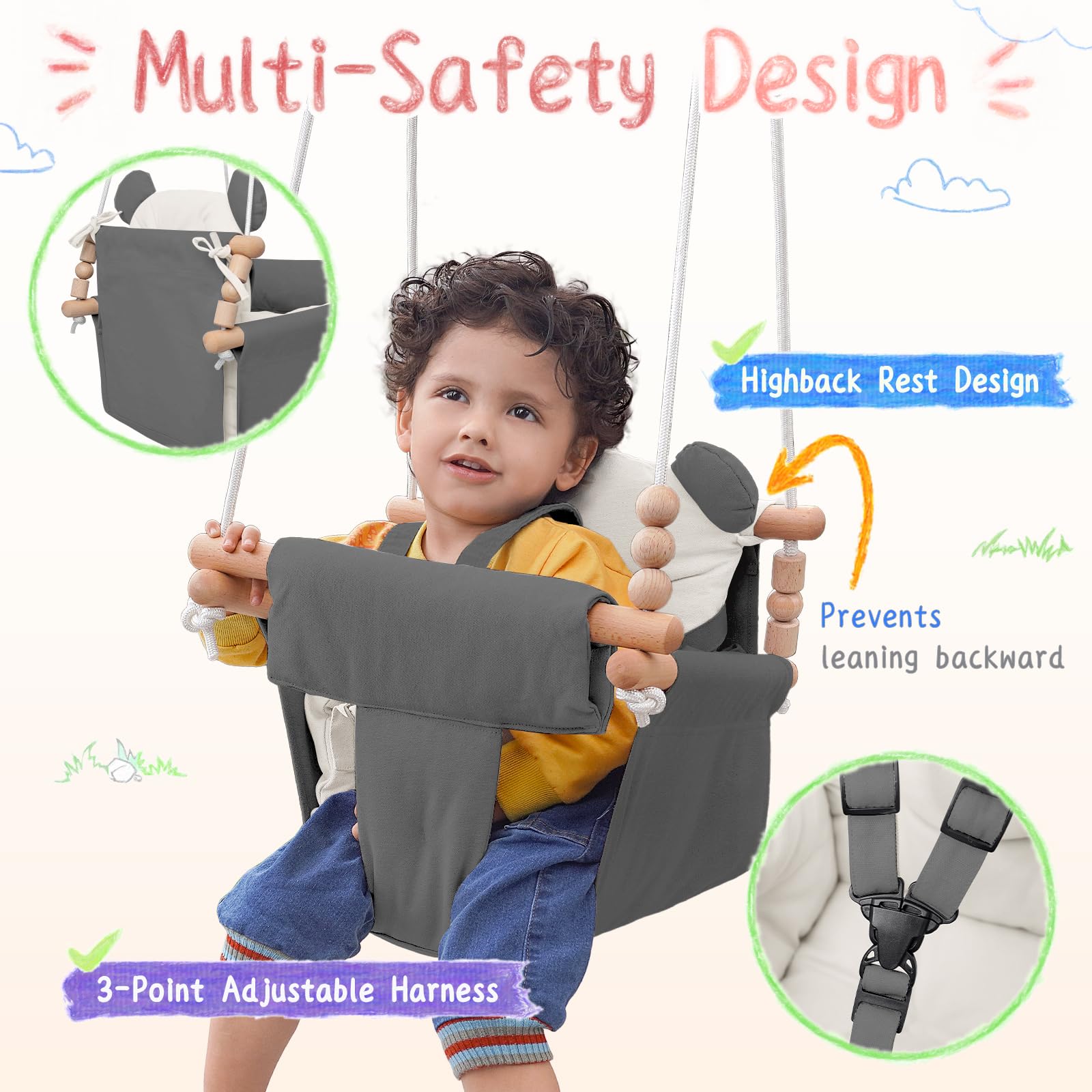 HAPPY PIE BABY SWING with 3-point harness ensures secure seating during swings