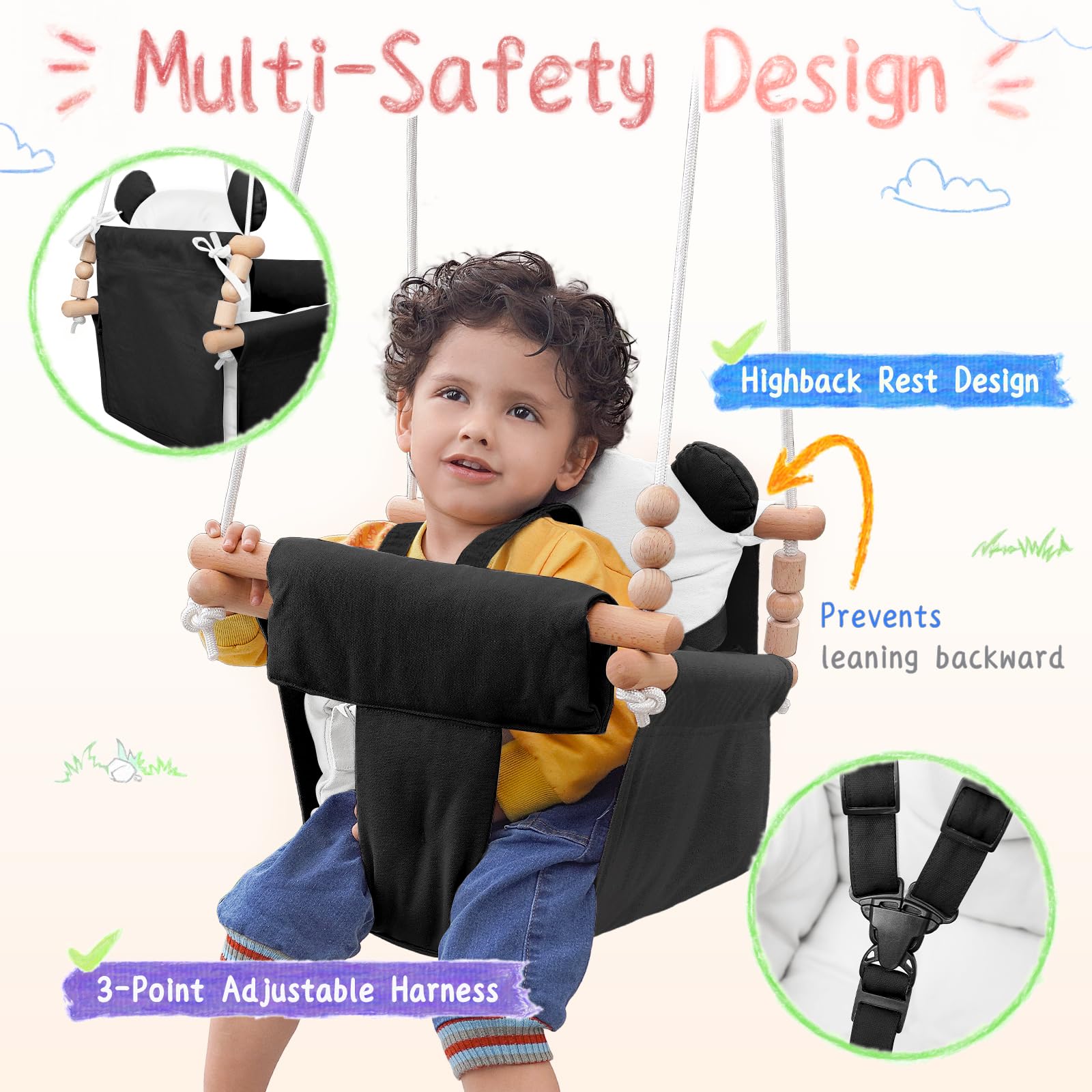 Happypie baby swing beech wood detail highlights durable smooth finish for gentle touch.