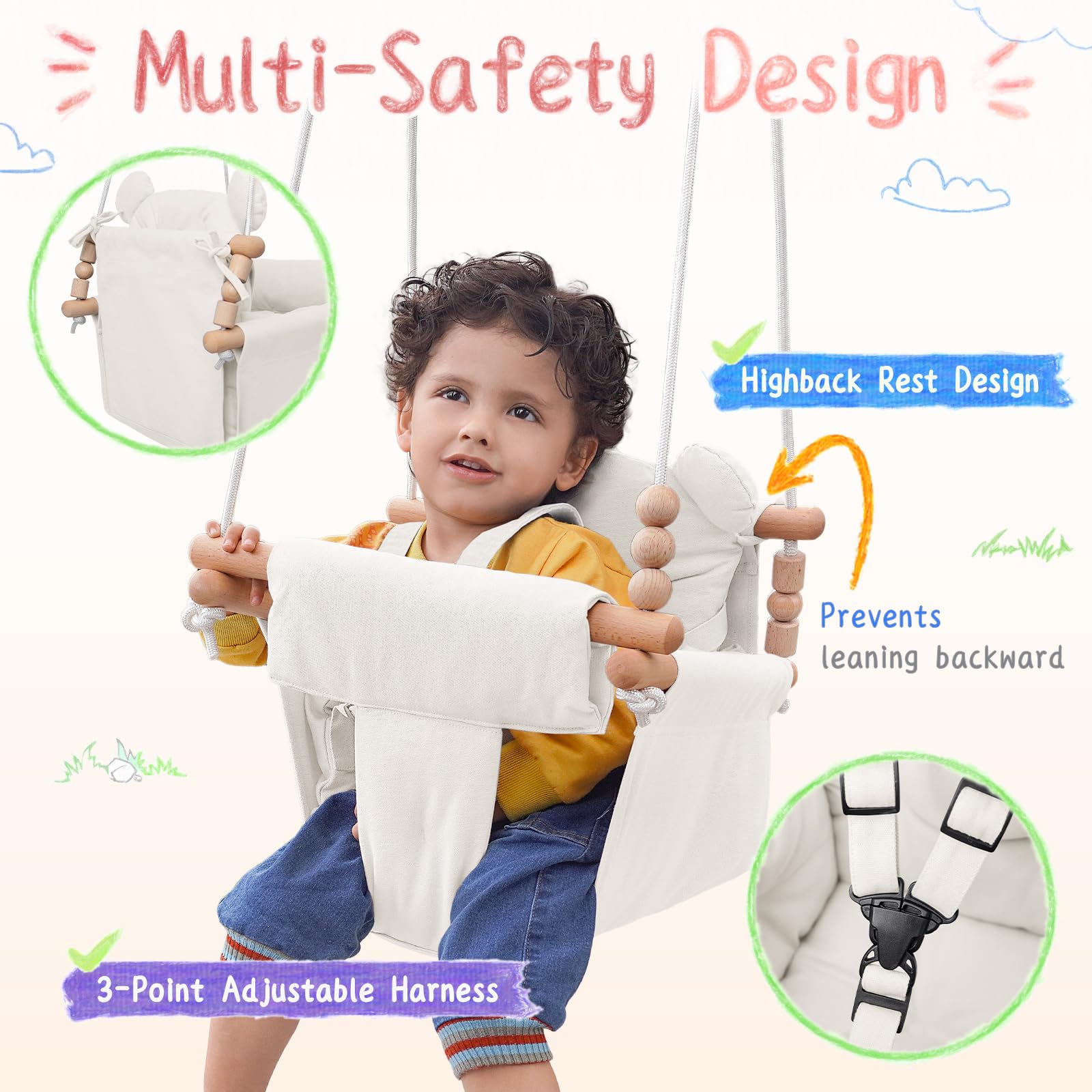 HAPPY PIE BABY SWING beech wood frame provides sturdy, comfortable support.