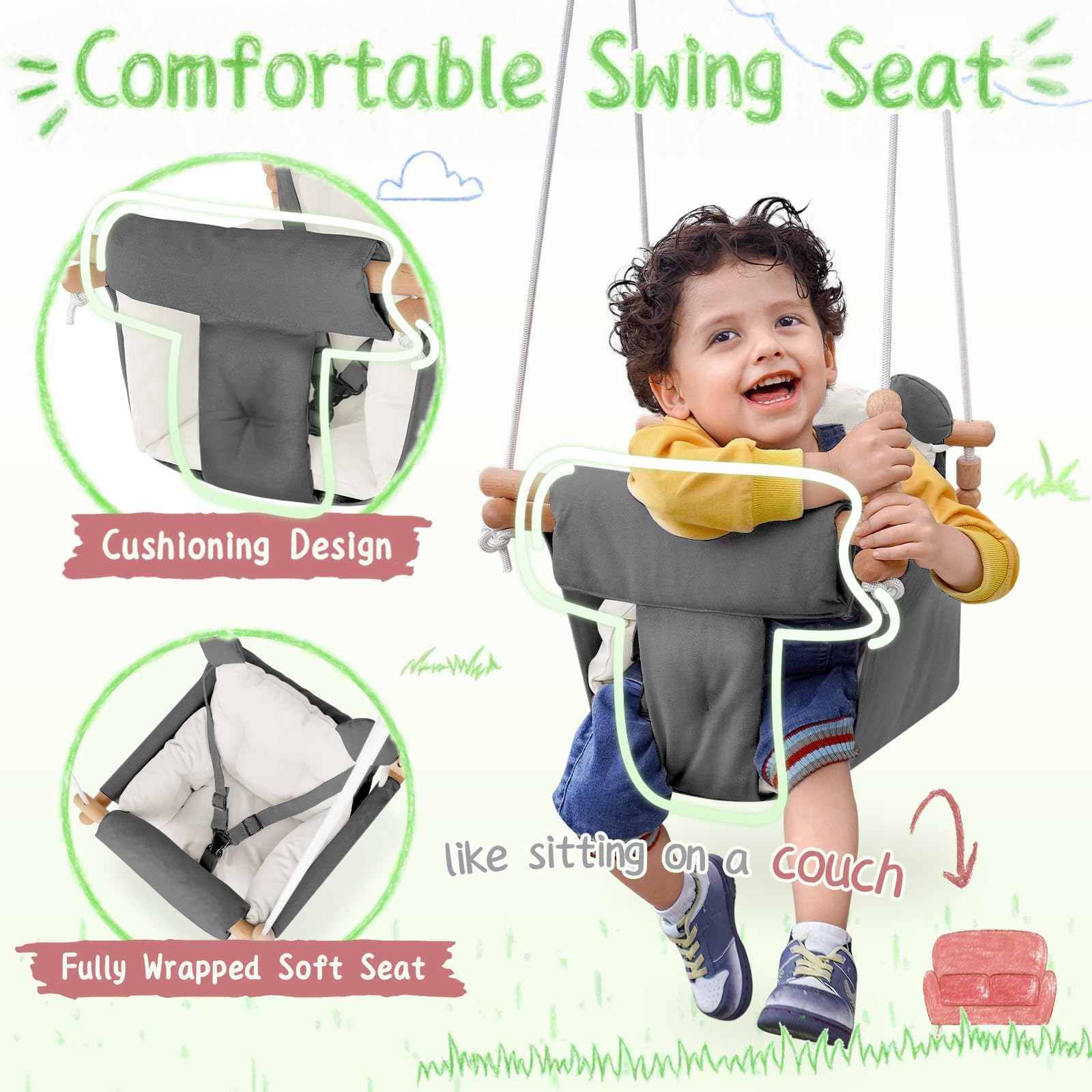 HAPPY PIE BABY SWING high backrest supports toddler balance and comfort