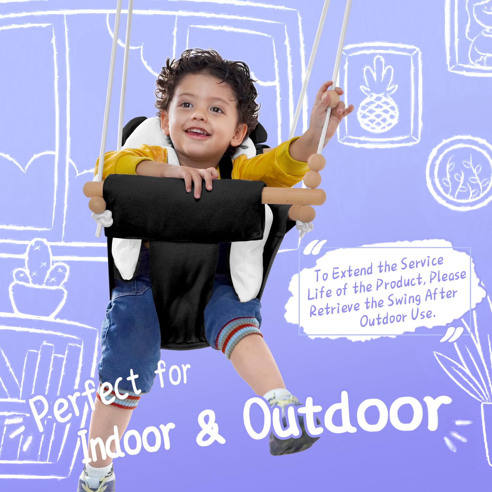 Happypie baby swing indoor outdoor use image demonstrates easy mounting and versatile play space.