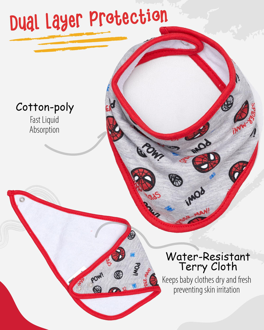 Happy Threads red close-up bandana bib highlighting vibrant prints and comfy fit