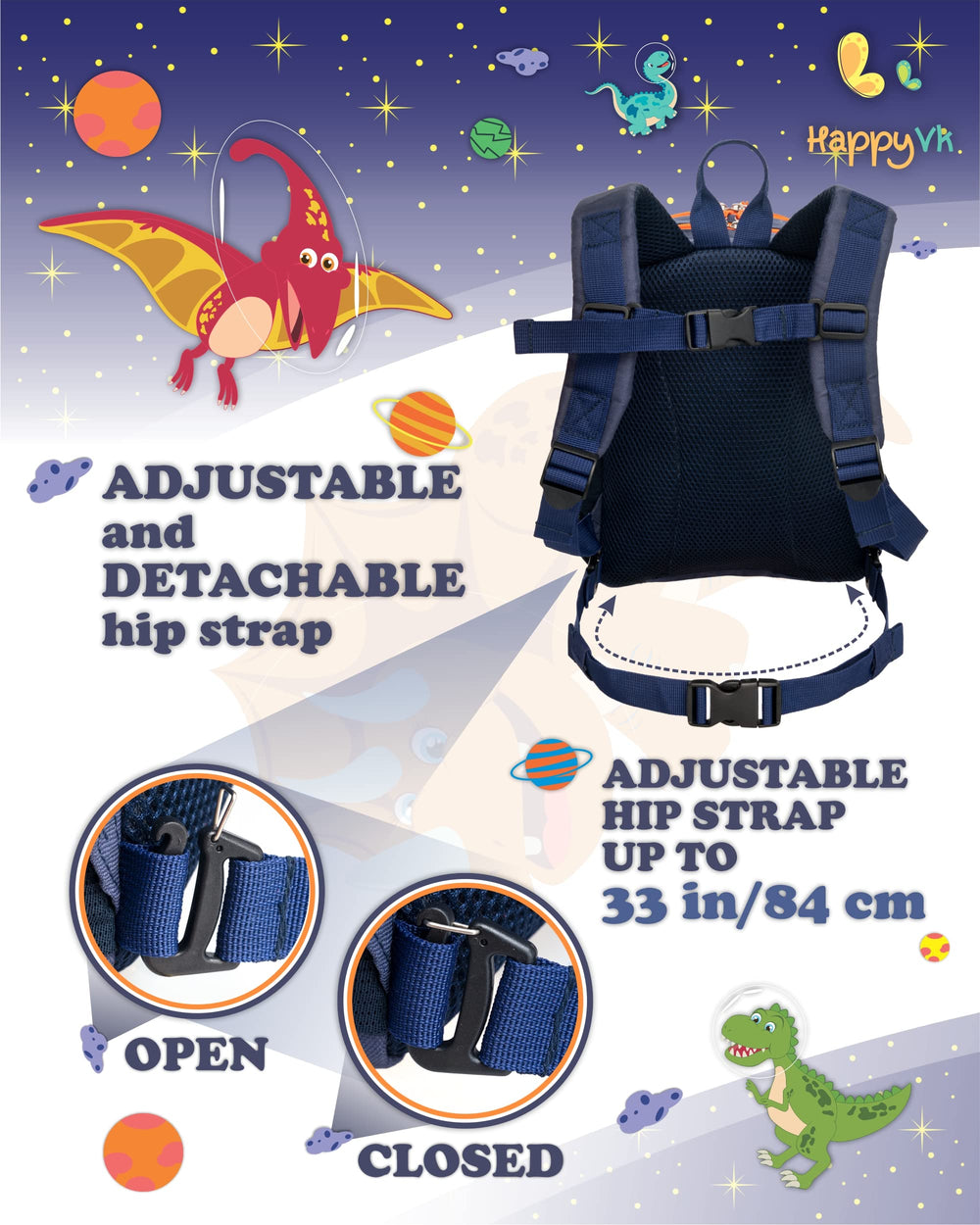 HappyVk backpack hip strap safety; secure fit during active outings