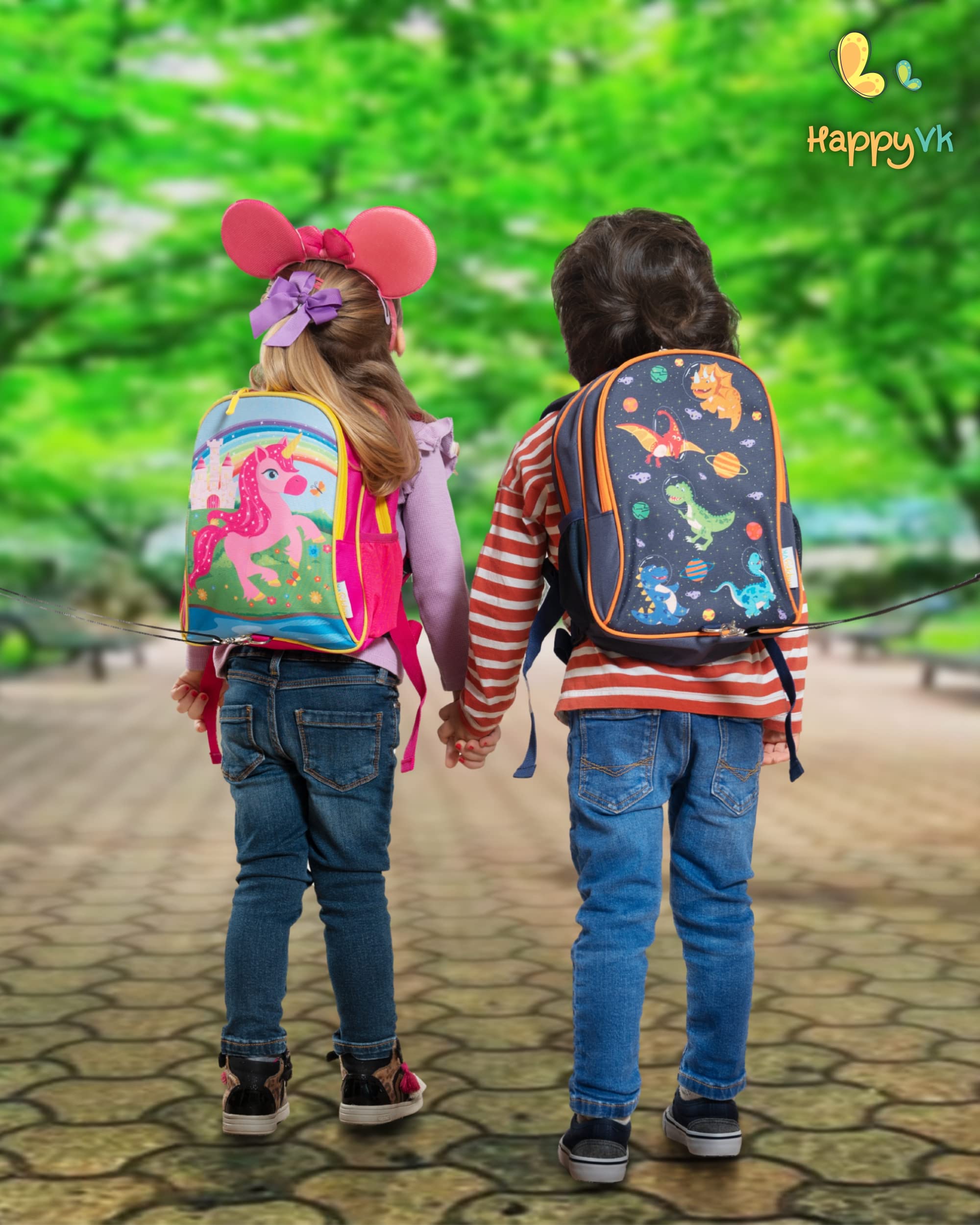 HappyVk kid wearing the dinosaur backpack; confident for small adventures